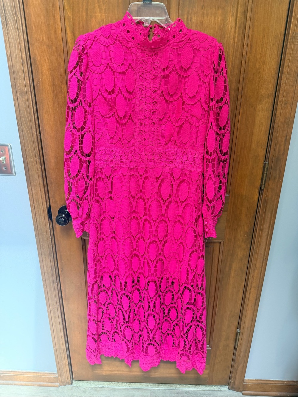 Women's Fuchsia Lace Midi Dress - High Neck, Long Sleeve